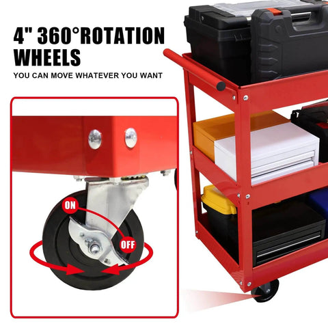 Side view of a red Three Tier Stainless Steel Service Cart With Smooth Rolling Wheels For Garage, Warehouse, And Workshop, 400 Pound Capacity, Heavy Duty Utility Cart With Lockable Casters, Easy Assembly, Built To Haul Tools And Parts By Big Red, with focus on rotating wheels.