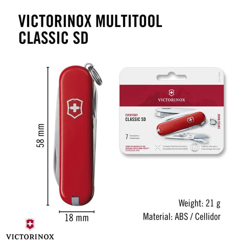 Victorinox Swiss Army Classic SD Pocket Knife Red Ultra Compact Seven Function Tool With Small Blade Scissors and packaging