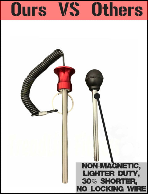 Comparison of universal weight stack pin for commercial gyms against a lighter pin, showing heavy-duty aluminum, anti-theft cable.