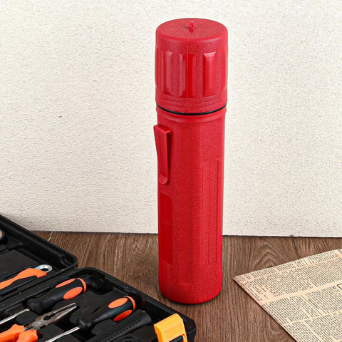 Image of a Red 14 Inch Welding Rod Storage Tube, airproof and waterproof, made of ABS material, next to tools. Part of a two-pack for electrodes.