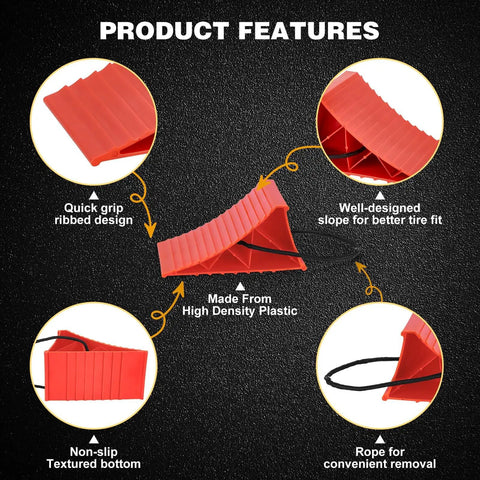 Heavy Duty Wheel Chocks For RVs And Campers, 4 Pack With Rope, Non Slip Hard Plastic Chocks That Keep Your Ride In Place On Any Terrain