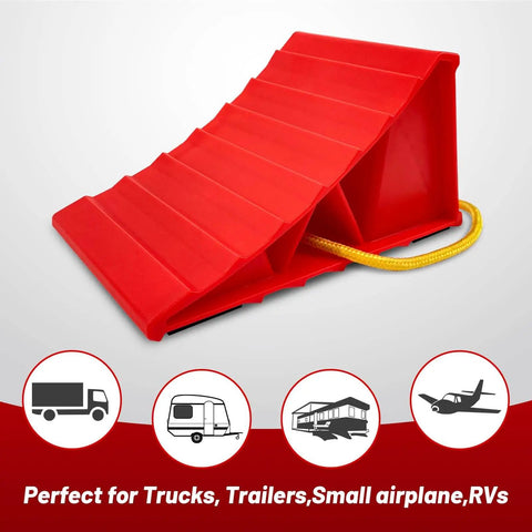 Heavy Duty Wheel Chocks For Travel Trailers, HOXWELL Two Pair Non Slip Red Blocks With Rope shown in triangular plastic design