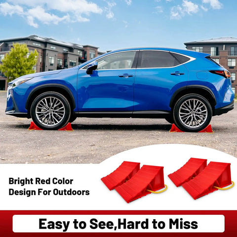 A car parked using Heavy Duty Wheel Chocks For Travel Trailers, HOXWELL Two Pair Non Slip Red Blocks With Rope.