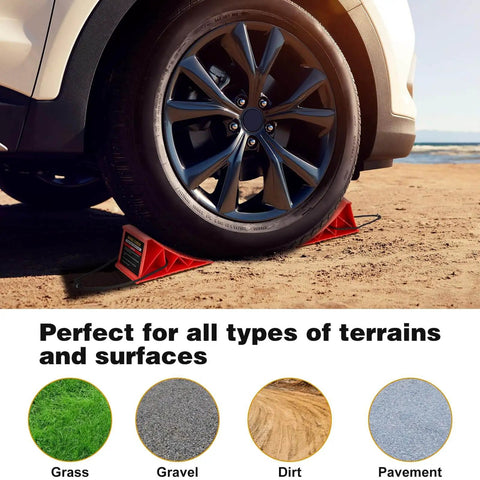 Heavy Duty Wheel Chocks For RVs And Campers, 4 Pack With Rope, Non Slip Hard Plastic Chocks That Keep Your Ride In Place On Any Terrain, Durable And Easy To Remove, Red PAHTTO securing a car wheel on dirt terrain