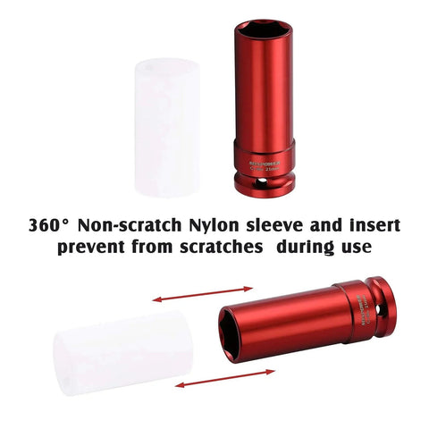 1/2-inch Drive Wheel Protector Impact Socket with non-scratch nylon sleeve and insert, part of 8pcs Tire Deep Socket Set, Color-Coded