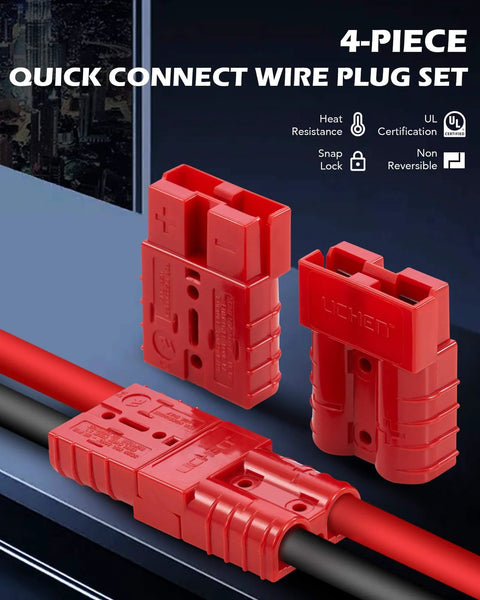 4 Pack 50A Wire Connector Kit For 6 To 12 Gauge Cables, Quick Connect Disconnect Set For 12V 24V 36V Batteries, Weatherproof Red Plugs