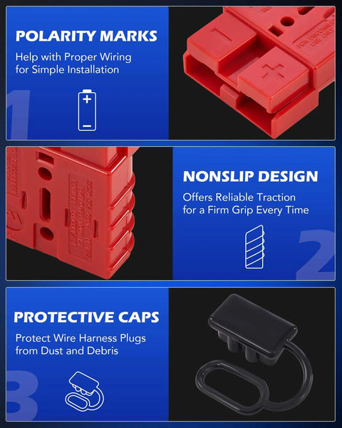 Close-up of the 4 Pack 50A Wire Connector Kit For 6 To 12 Gauge Cables, highlighting weatherproof red plug design features.