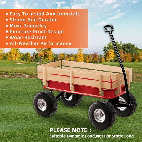 Wooden garden cart with 10 inch solid polyurethane tires 4.10 to 3.50-4 on grass, highlighting puncture resistant wheels
