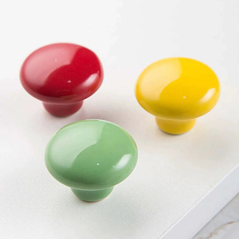 Red Ceramic Knobs Set Of 4 For Cabinets And Drawers Round Colored Drawer Handles For Kitchen Cabinets Dresser And Wardrobe Hardware Durable Zinc Alloy Construction Smooth Finish Child Safe Design shown in red, yellow, and green colors.
