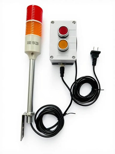Two Stack Red And Yellow LED Tower Light With On Off Switch For Industrial Use Pro Grade Andon Signal Lamp Durable Aluminum PC ABS Housing Extension Cord US Plug with visible switch box and US plug.
