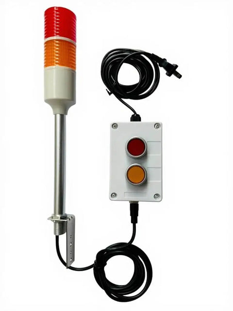 Two Stack Red And Yellow LED Tower Light With On Off Switch For Industrial Use Pro Grade Andon Signal Lamp Durable Aluminum PC ABS Housing Extension Cord US Plug shown with control switch.