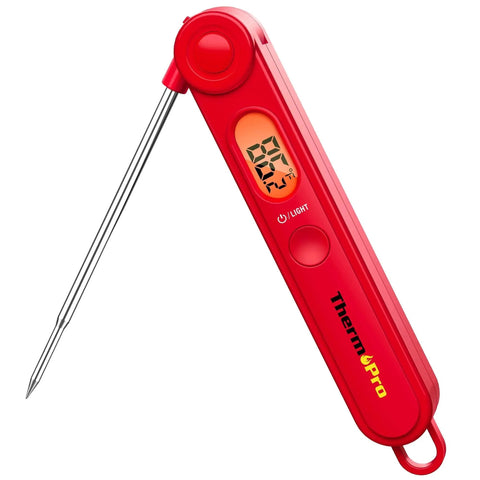 Digital Meat Thermometer for Cooking, Instant Read Thermometer with Backlight, foldable design in red, kitchen food tool for grill and BBQ.