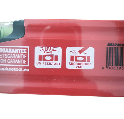 Close-up of UV resistant and shockproof vial features on Ultra Slim Redstick 16 Inch Level With Precision Milled Surface.