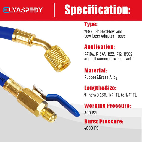 Amazon BISS 3-pack 9-inch 1/4 in ID FlexFlow low-loss adapter hoses with brass fittings in red, yellow, blue
