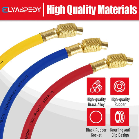 FlexFlow 1/4 inch ID adapter hoses, 3-pack in red, blue, yellow with brass fittings, 9 inch length.