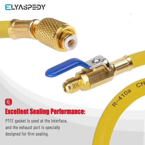 Brass hose adapter with blue lever valve on yellow hose, ELYASPEED logo visible