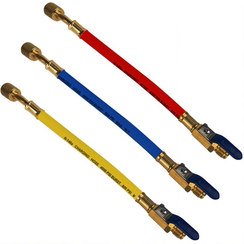Pack of 3 FlexFlow 1/4 inch low-loss hoses in red, blue, and yellow with brass adapters.