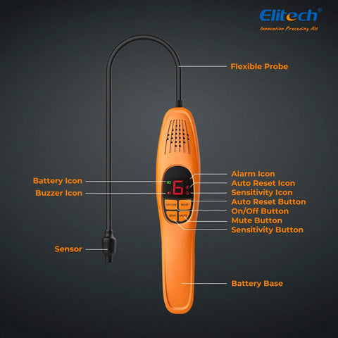 Elitech LD-100+ refrigerant leak detector, orange handheld with flexible probe for automotive use.