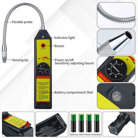 Tallew refrigerant leak detector with flexible probe, yellow control panel, LED indicator, buzzer, and sensitivity dial.