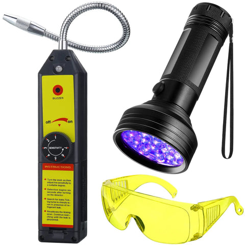 Amazon Tallew refrigerant leak detector kit with LED flashlight, flexible probe, and yellow safety glasses.