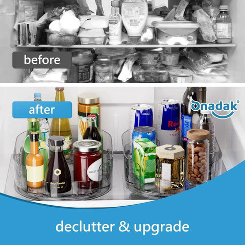 Before and after using 360 Degree Rotating Refrigerator Lazy Susan Turntable 13.5 Inch By 8.5 Inch Clear Plastic Organizer