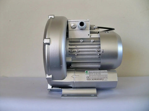 Side view of a 0.37 HP regenerative blower, single-phase, 220V, used for air movement in workshops, labs, compact manufacturing spaces.