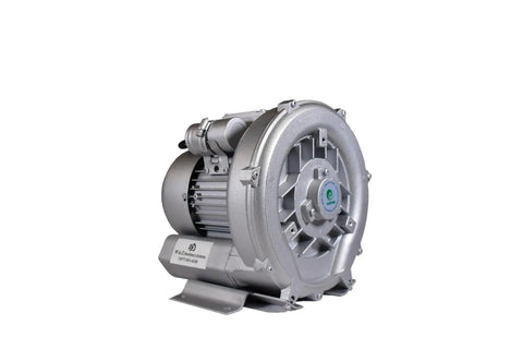 Compact, oil free regenerative blower provides high airflow at low pressure for industrial air handling, delivering 0.67 HP, 220V single phase.