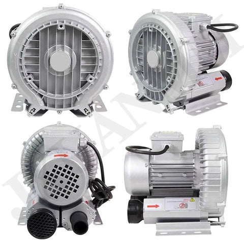 Regenerative Blower For Aquarium And Hydroponics High Efficiency Air Pump For Pond And Sewage Aeration With Aluminum Housing 120W To 1500W 110V Or 220V 2980 RPM Ring Blower Suitable For Diffusers And Filters, front and side views