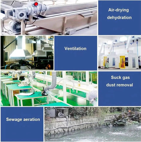 Collage showing a regenerative blower in various applications: dehydration, ventilation, dust removal, and aeration in industrial settings.