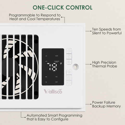Close-up of Register Booster Fan 4x10 for Home HVAC showing control panel, grill, and features on white unit.