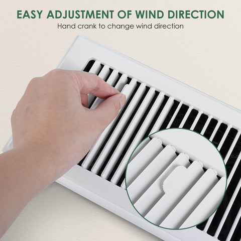 Hand adjusting blades on Register Booster Fan 4x10 for Home HVAC, 10 Speed Quiet Vent Fan with Negative Ion Technology, White
