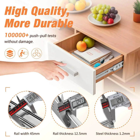 Open drawer showing REGUDA Drawer Slides Ball Bearing 3 Folds Full Extension Side Mount Cabinet Runners Glides Rails 12 inch installed