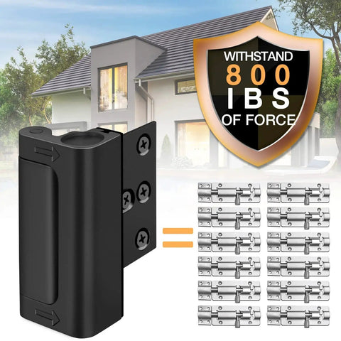 Reinforced door lock designed for inward swinging doors featuring a rugged 3 inch stop plate and eight screw mounting shown.