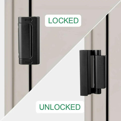 Reinforced door lock designed for inward swinging doors featuring a rugged 3 inch stop plate and eight screw mounting, shown locked and unlocked