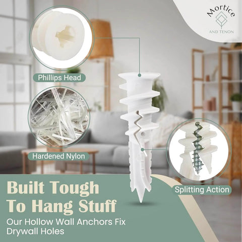 Reinforced Nylon 66 Contractor Bulk Sheetrock Anchors in living room, Phillips head, hardened nylon close-up, 90lb jobsite kit