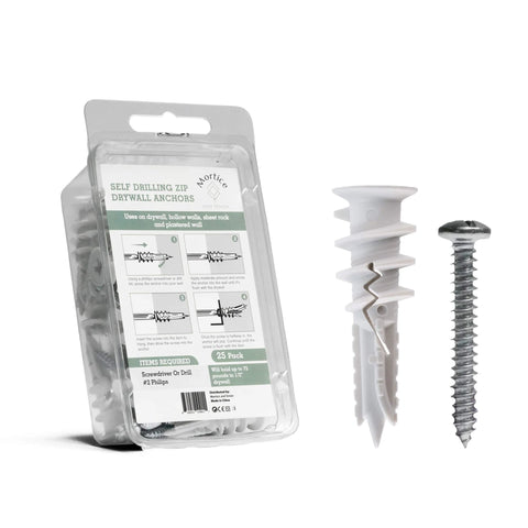 Reinforced Nylon 66 Drywall Anchors 90lb Limit, Self Drilling Value Pack with 25 expansion anchors and screws shown in packaging and close-up