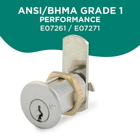 Rekeyable Cam Lock With 1.75 Inch Cylinder KD Keyed Different US26D Chrome Cabinet Lock Grade 1 Security, shown installed with cam.