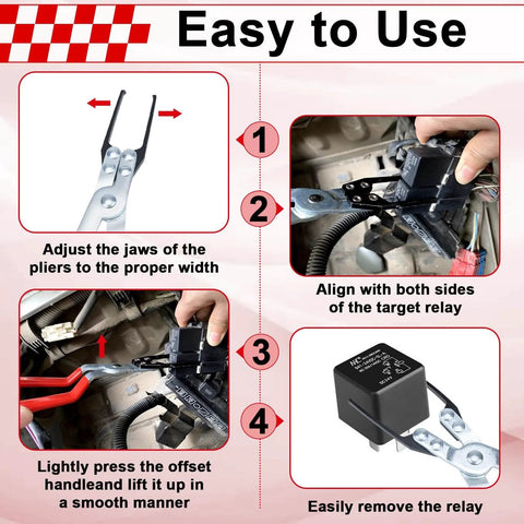 Relay Puller Pliers and Fuse Puller Tool for Cars and Trucks used to remove relays, shown with step-by-step usage instructions.