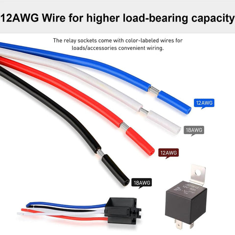 Car Relay Harness 12V 40A SPST 4 Pin With Built In Diode 12AWG Wiring shown with color-coded wires and relay component.