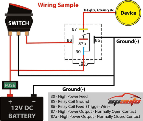 Diagram of Beefy Built 30 40 Amp SPDT Relay Harness Kit for 12V Automotive showing wiring connections and components.