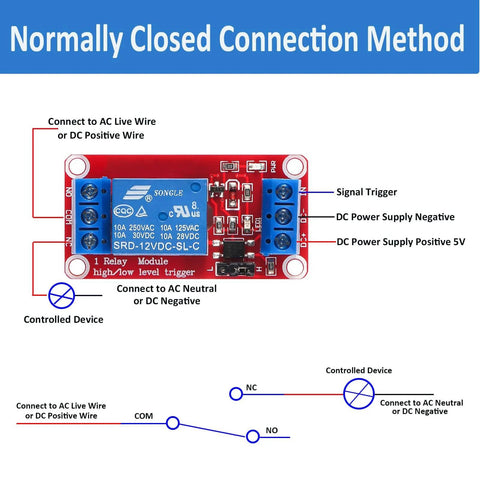 Diagram showing normally closed connection method for 4 Pack 1 Channel 5V Relay Module With Optocoupler Isolation, High Or Low Level Trigger.