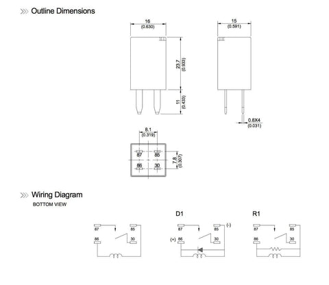 Technical drawing of Beefy 12V DC SPNO Relay 20A High Temperature Up To 125C For Automotive And Off Road Fans Four Pack Rugged.