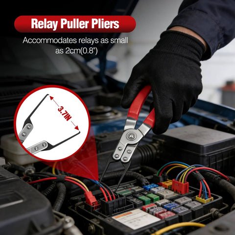Relay puller pliers from 9 Piece Electrical Disconnect Pliers Set For Cars in use on vehicle relay panel