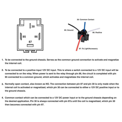 Diagram showing wiring setup and components of Five Pack 30A Fused Relay Switch Kit For 12V Systems With 4 Pin SPST Relays