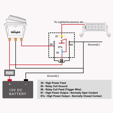 Diagram of interlocking 5 pin SPDT relay socket and wiring harness set for 12V automotive use, showing connections to a 12V DC battery.