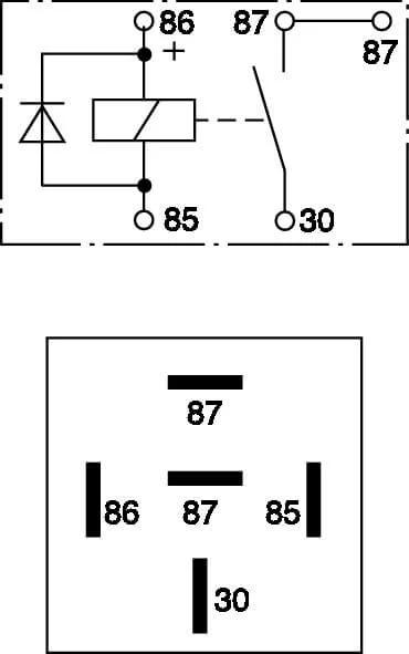 Diagram showing wiring and pin configuration of Normal Open Mini Relay 5 Pin 12V DC 30A Compact High Current Automotive Relay.