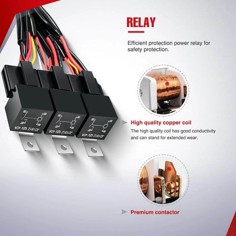 Close-up of power relay with high-quality copper coil from 12V LED Light Bar Wiring Harness Kit with 3 Gang Rocker Switch Panel.