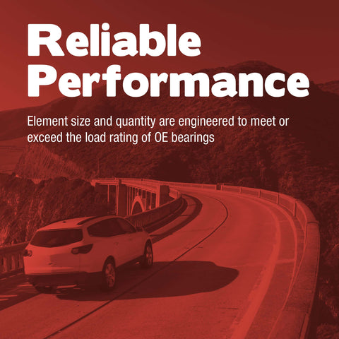 Reliable performance text over car on winding road, promoting 210 Ball Bearing Replacement Built To Last With Heat Treated Premium Steel.