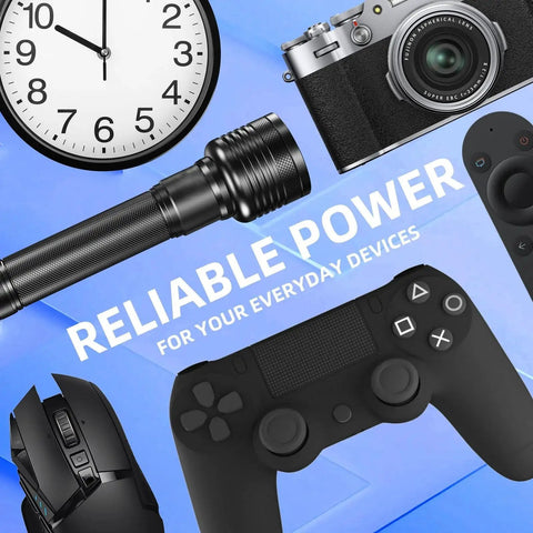 Devices powered by AA And AAA Battery Combo Pack 80 Count 1.5V Carbon Zinc High Energy Batteries, including flashlight and game controller.