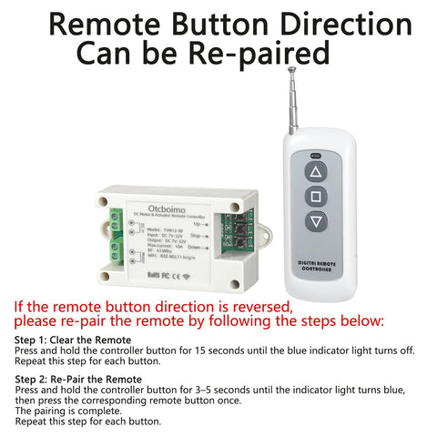 DC motor actuator remote controller kit with white wireless remote and compact control module; forward and reverse relay